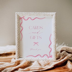 Coquette Pink Bow Cards and Gifts Sign Printable, Editable Gift Table Sign, Girl Baby Shower, Watercolor Ribbon Gifts for Baby, Corjl PP86