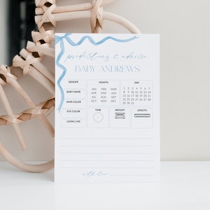 Blue Bow Baby Predictions and Advice Card Printable, Coquette Boy Baby Shower Games Fun, Advice and Wishes for Parents Printable, Corjl PP87