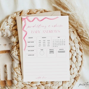 Coquette Pink Bow Baby Predictions and Advice Card Printable, Girl Baby Shower Games Fun, Advice and Wishes for Parents Printable Corjl PP86