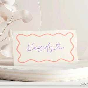Modern Wavy Place Cards Template, Scallop Border Name Cards, Editable Wave Seating Card, Table Card Printable, Purple Orange, Corjl PP84
