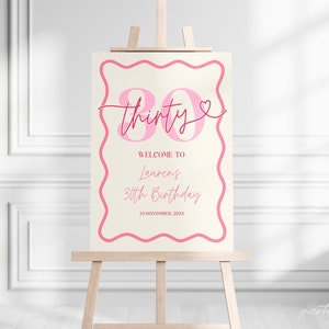 Pink Wavy Border Welcome Sign 30th Birthday For Her, Pink Wavy 30th Birthday Party Welcome Women, Editable Thirty Welcome Poster, Corjl PP84