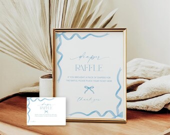 Coquette Blue Bow Diaper Raffle Sign and Ticket Printable, Boy Baby Shower Raffle Game Template, Diaper Raffle Card Insert, Corjl PP87