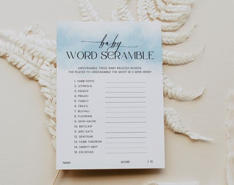 Word Scramble Baby Shower Game and Answers, Minimalist Baby Word Scramble Template, Printable Game, Blue Baby Shower Activity, Corjl PP65