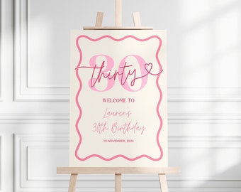 Pink Wavy Border Welcome Sign 30th Birthday For Her, Pink Wavy 30th Birthday Party Welcome Women, Editable Thirty Welcome Poster, Corjl PP84