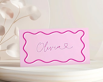 Pink Wavy Place Cards Birthday Template, Scallop Border Folded Name Cards Editable, Modern Wave Seating Card, Table Card Download Corjl PP84