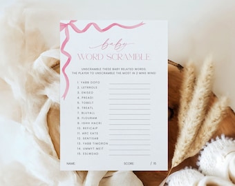Baby Word Scramble Game Coquette Pink Bow, Girl Baby Shower Activity, Printable Word Scramble Answer Key Template, Quiz Download, Corjl PP86