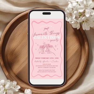 Digital Galentine&#39;s Favorite Things Party Invitation, Wavy Valentine&#39;s Day Girls Night Phone Invite Gift Exchange Swap, Editable Corjl PP95