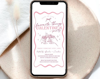 Digital Galentine's Favorite Things Party Wavy Invitation Template, Coquette Valentine's Day Girls Night Invite Gift Exchange, Corjl PP95