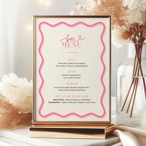 Wavy Drinks Menu Sign Pink Template, Beige Custom Bar Signature Drink, Scallop Birthday Bridal Wedding Printable, Editable, Corjl PP84