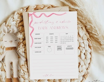 Coquette Pink Bow Baby Predictions and Advice Card Printable, Girl Baby Shower Games Fun, Advice and Wishes for Parents Printable Corjl PP86