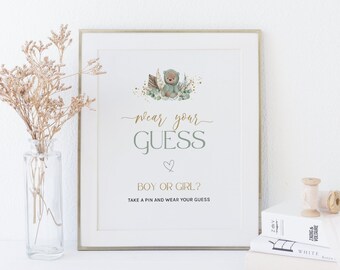 Wear Your Guess Game Sign, Sage Green Bear, He or She What Will Baby Be, Boho Teddy Bear, Minimalist Gender Reveal, Printable, Corjl PP51
