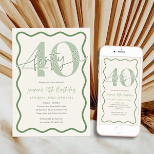 May include: A green and white invitation card with a handwritten "forty" and a heart design. The invitation is for a 40th birthday party. The text on the card reads "Please join us to celebrate Lauren's 40th Birthday, Saturday, April 10th 2024, 6:00pm-11:00pm, Florence Bar, Greenville Hotel, 18 Reynolds Road, Sunshine Hills, Finger food and drinks provided, Kindly RSVP by April 1st to Joanne 0123 456 789".