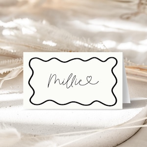 Black And White Wavy Place Cards Template, Wavy Border Folded Name Cards, Scalloped Border, Printable Tent Wave Seating Card, Corjl PP84