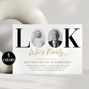 Look Who's 90 Invitation Template With Photo, 90th Birthday Invitation For Him, Black Gold Ninety Invite For Men, Editable Evite, Corjl PP68