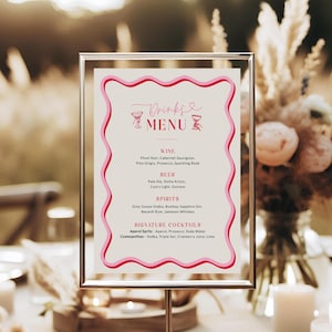 Wavy Border Drinks Menu Sign Pink Template, Red Custom Bar Signature Drink, Scallop Birthday Bridal Wedding Printable, Editable Corjl PP84