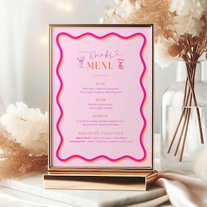 Wavy Drinks Menu Sign Template, Pink Bar Signature Drink, DIY Scallop Birthday Bridal Wedding Printable, Orange Editable, Corjl PP84