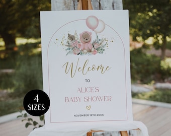 Teddy Bear Baby Shower Welcome Sign, Bear Theme Welcome Sign Template, Boho Pink Teddy Bear Balloons, Printable Poster, Girl, Corjl PP53