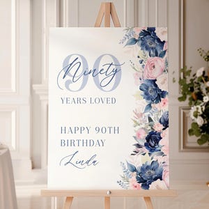 90 Years Loved Birthday Welcome Sign Women, Blue Floral 90th Party Poster For Her, Navy Pink Flowers Editable Ninety Template, Corjl PP90