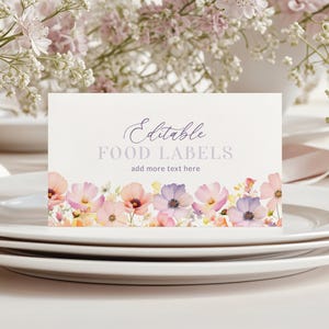 Wildflower Food Label Card Template, Editable Food Tent Cards Folded, Printable Table Sign, Birthday Decor Download, Flowers Corjl PP73