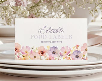 Wildflower Food Label Card Template, Editable Food Tent Cards Folded, Printable Table Sign, Birthday Decor Download, Flowers Corjl PP73