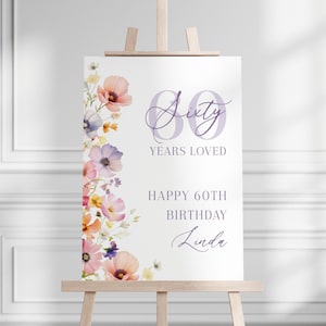 60 Years Loved Birthday Welcome Sign Women, Wildflower Floral 60th Party Welcome Poster For Her, Flowers Editable Sixty Template, Corjl PP73