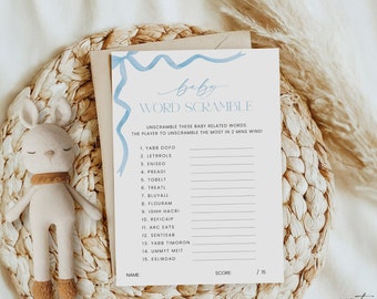 Blue Bow Baby Word Scramble Game, Coquette Boy Baby Shower Activity, Printable Word Scramble Answer Key Template, Quiz Download, Corjl PP87