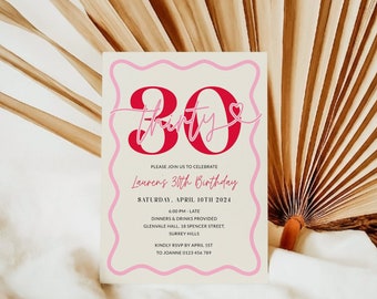 Wavy Border 30th Birthday Invitation Women, Modern Scalloped 30th Party Invite for Her Printable, Editable 30th Digital, Red Pink Corjl PP84