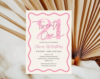 Pink Wavy Border 21st Birthday Invitation For Her, Editable Scalloped 21st Party Invite Girl, Twenty One, 21st Digital Women, Corjl PP84