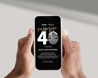 Surprise 40th Birthday Invitation For Him Digital, Minimalist Men Forty Photo Evite, Shhh It's A Surprise, Electronic, Black Gold Corjl PP64