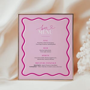 Pink Wavy Bar Drinks Menu Sign Template, Modern Signature Drink, Custom Birthday Bridal Wedding Printable, Editable Printable, Corjl PP84