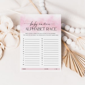 Baby Name Race Game, ABC Name Race Printable, Minimalist Baby Shower Games Girl, Editable A-Z Baby Names, Dusty Pink Watercolor, Corjl PP55