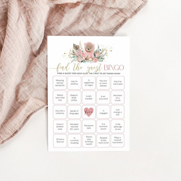 Find the Guest Bingo Baby Shower Game, Teddy Bear Theme Baby Shower Girl, Find the Guest Bingo Printable, Pink We Can Bearly Wait Corjl PP53