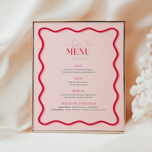 Wavy Drinks Menu Bar Sign Template, Pink Custom Signature Drink, Red Coral Scallop Birthday Bridal Wedding Printable, Editable Corjl PP84