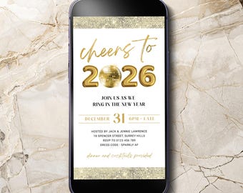 Gold Digital Cheers To New Year 2026 Invitation, New Years Eve Party Electronic Invite, NYE Disco Celebration Download, Editable in Corjl