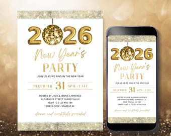 Gold Cheers To New Year 2026 Invitation Template, New Years Eve Party Invite Printable, NYE Holiday Celebration Digital Download Corjl