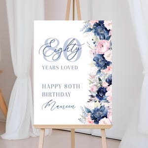 80 Years Loved Birthday Welcome Sign Women, Blue Floral 80th Party Poster For Her, Navy Pink Flowers Editable Eighty Template, Corjl PP90