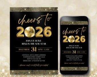 Gold Cheers to The New Year Invitation Template, Printable New Years Eve Party Invite, Disco Glitter NYE Digital Download, Editable in Corjl
