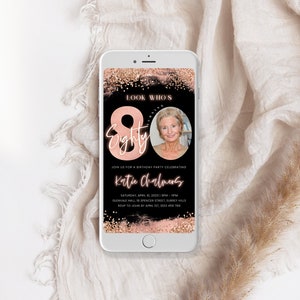 Rose Gold 80th Birthday evite, 80 Birthday Invitation for Women, Digital Eighty Invite with Photo, Electronic, Editable Template, Corjl PP46