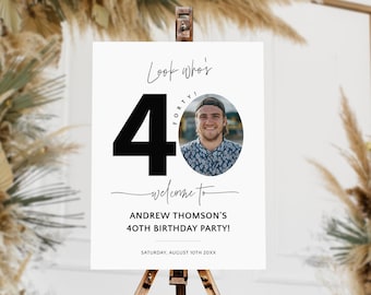 Look Who's 40 Birthday Welcome Sign with Photo, Men's 40th Birthday Party Welcome Poster, Editable Forty Welcome Board for Him, Corjl PP39