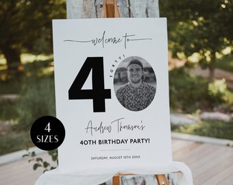 Modern 40th Birthday Welcome Sign with Photo, Men's Birthday Party Welcome Poster, Editable Welcome Board for Him, Forty Decor, Corjl PP39