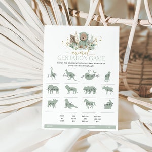 Animal Gestation Game, Animal Pregnancy, Sage Green Bear Baby Shower, Baby Animal Game, Boho Teddy Bear, Gender Neutral Shower, Corjl PP51