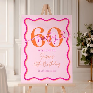 May include: Pink and orange welcome sign with a wavy border. The sign says "Welcome to Susan's 60th Birthday 10 November, 20XX".