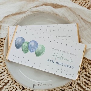 Chocolate Bar Wrapper, Party Favor, Candy Wrapper, Boy Green Blue Balloon, Thank You, Editable Instant Download, Corjl PP32