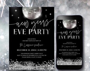 Silver New Years Eve Invitation Template, Printable NYE 2026 Party Invite with Disco Ball, Digital Invite, Editable in Invitation, Corjl