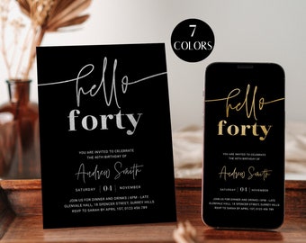 40th Birthday Invite For Men Printable, 40th Birthday Party Invitation for Him, Hello Forty Editable Template, Black Gold Silver, Corjl PP66