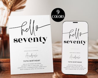 70th Birthday Party Invitation for Him, Hello Seventy Invitation Template, Mens 70th Birthday Party Invite Printable, Editable Corjl PP66