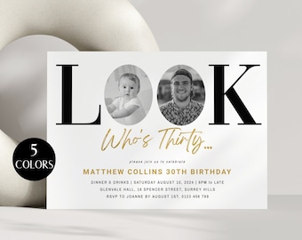 Look Who's 30 Invitation Template With Photo, 30th Birthday Invitation For Him, Black Gold Thirty Invite For Men, Editable Evite, Corjl PP68