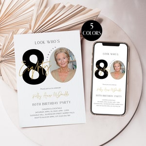 80th Birthday Invites For Women with Photo, 80th Birthday Party Invitations for Her, Editable Eighty Evite Digital, Women&#39;s 80th Corjl PP67