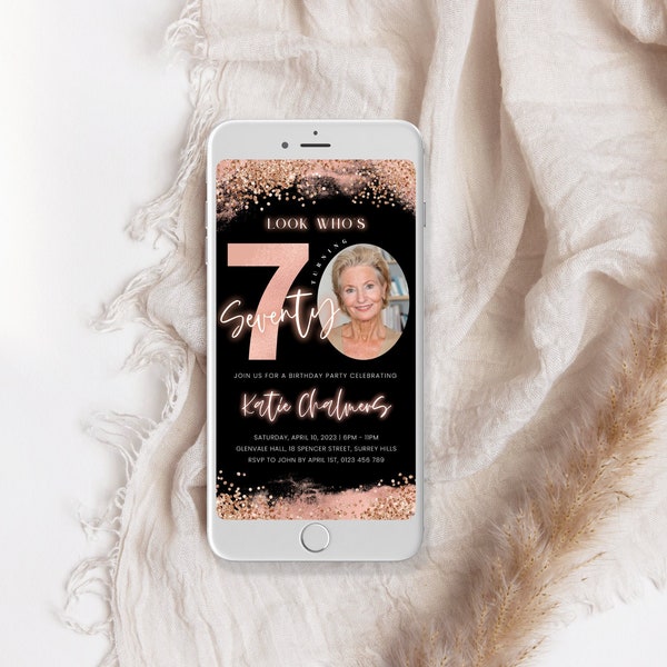 Rose Gold 70th Birthday evite, 70 Birthday Invitation for Women, Digital Seventy Invite with Photo, Electronic, Editable Template Corjl PP46