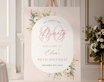 Floral 90th Birthday Welcome Sign Template Women, Pink 90 Party Decor Poster For Her, Modern Editable Ninety Pastel Flowers, Corjl PP91
